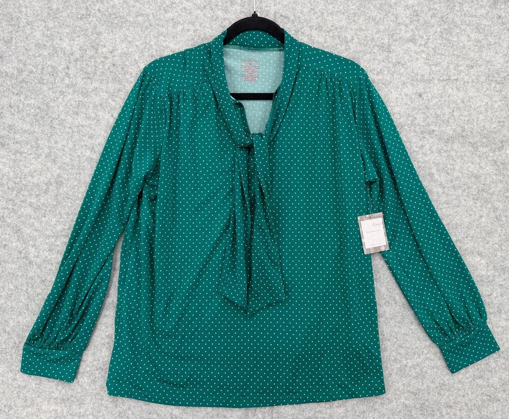 NWT Everly Grey Vanessa Emerald Polka Dot Tie Neck Maternity Top Size MEDIUM